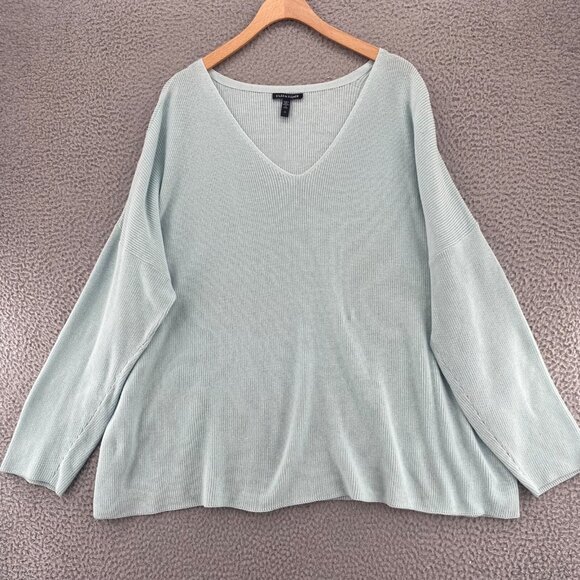 Eileen Fisher Sweater Womens 1X Plus Blue V Neck Knit Stretch Pullover Casual - Picture 1 of 9